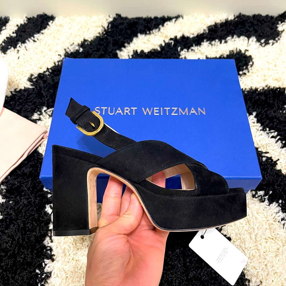 NIB Women’s Size 35 Stuart Weitzman Jerry Black Suede Sandals With Buckle Strap - Picture 7 of 15